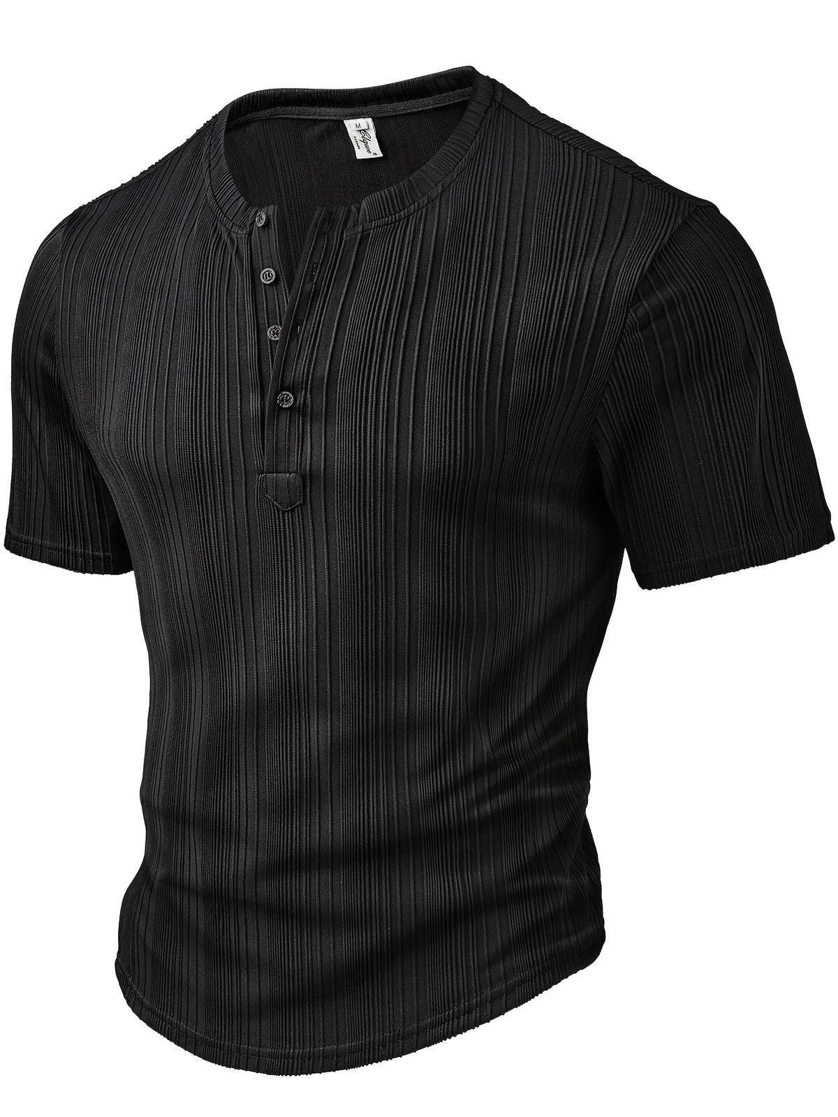 Men's Fashion Top, Spring/Summer Outdoor Casual Textured Fabric, Solid Color Round Neck Single-Breasted Short Sleeve Henley Shirt - Black