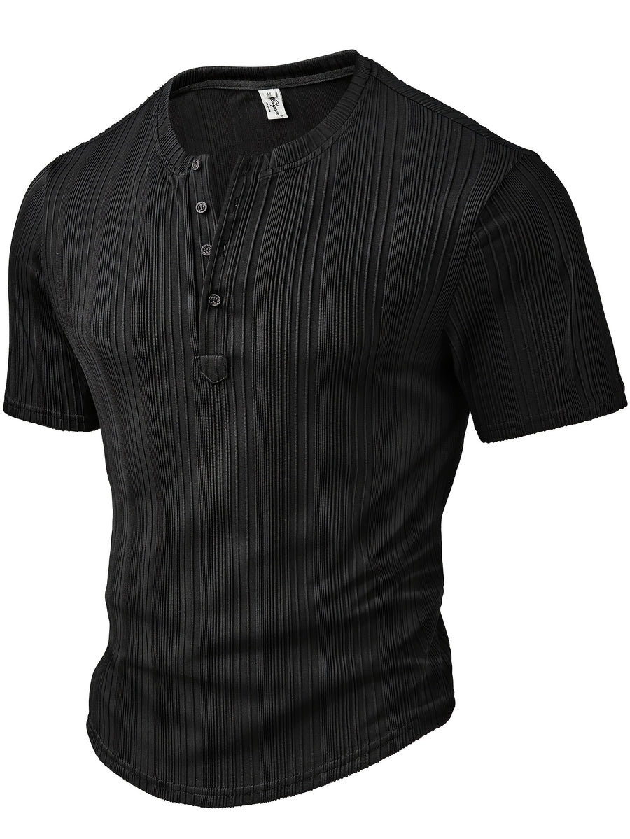 Men's Fashion Top, Spring/Summer Outdoor Casual Textured Fabric, Solid Color Round Neck Single-Breasted Short Sleeve Henley Shirt - Black