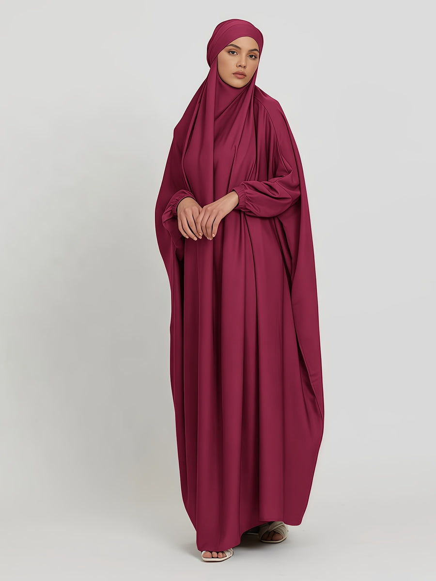 1pc Jilbab, 1pc Khimar with a Rich Drape, Cuffed Sleeves, and a Loose Fit, Suitable for Busy Daily Wear or Worship - Deep Red