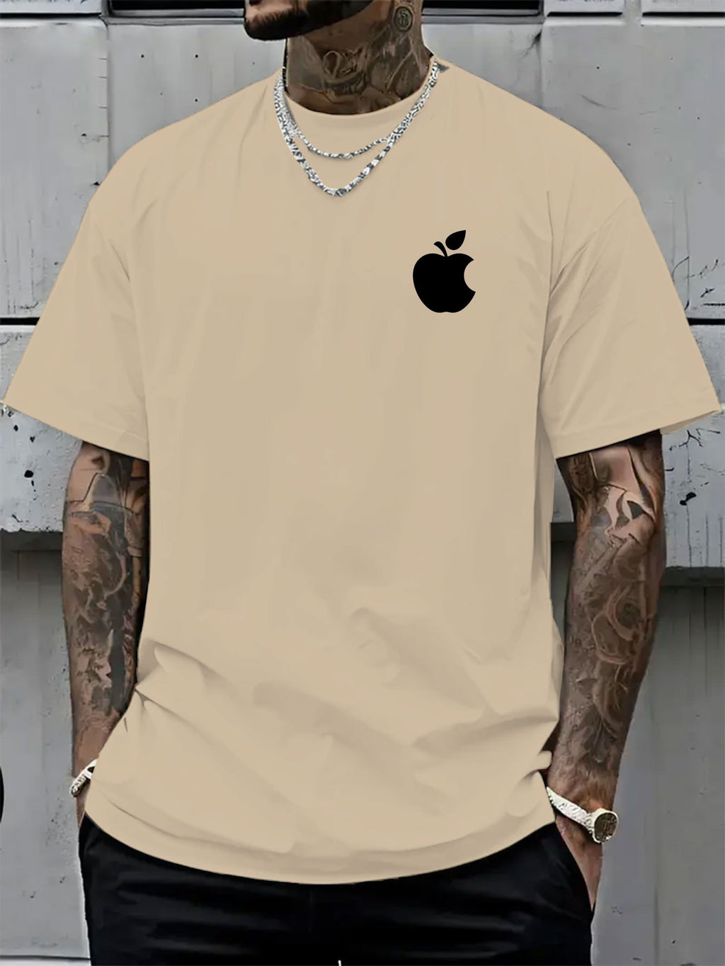 Men's T-Shirt Summer Short Sleeve Lightweight Top Black Big Apple Print Oversized Men's T-Shirt Streetwear Niche High Street Style  Casual Top! Round-neck Short Sleeve Top, Relaxed Loose Knit T-shirt, Suitable for Daily Wear, Casual Sport - Apricot