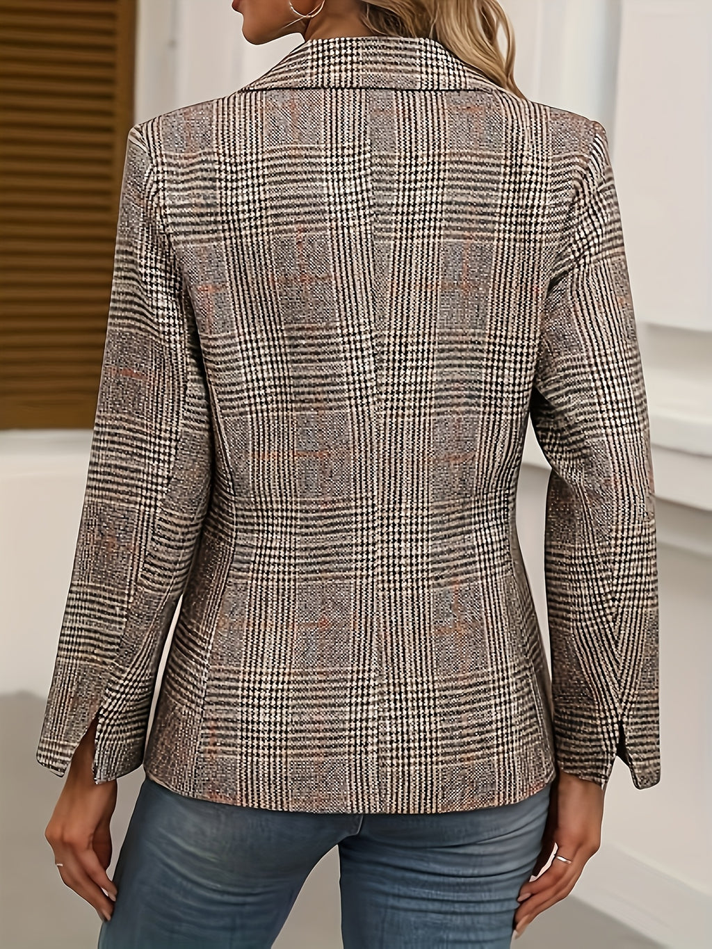 Fashionable Women's Elegant Suit Jacket, Stylish Slim-Fit Casual Plaid Lapel Single-Breasted Blazer - Coffee Color