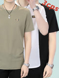 3pcs Men's Waffle Henley Shirts, Spring/Summer Crew Neck Breathable Checkered Short Sleeve T-Shirts, Casual Commuter Loose Fit Basic Base Layers, Chest Letter Logo Decoration, Everyday Versatile Men's 3pcs Top Set - Khaki+white+black