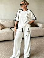 2pcs Women's Short Sleeve and Long Pants Set, Standard Size, Printed Color-Blocked, Comfortable and Soft, for Outings, Leisure, and Sports, with Long Sweatpants and Short Sleeve Top - White