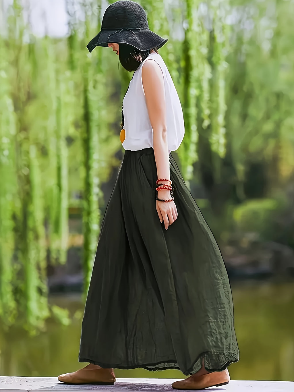 BK031606 Spring Summer Fall New Women'S Solid Retro Style Midi Skirt - Breathable, Loose Fit with Pockets, Spring Fall Elegant Casual Design - Dark Green
