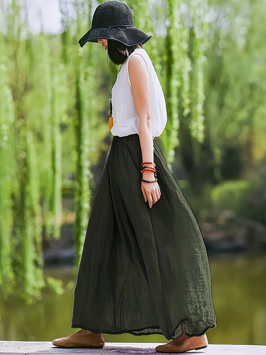 BK031606 Spring Summer Fall New Women'S Solid Retro Style Midi Skirt - Breathable, Loose Fit with Pockets, Spring Fall Elegant Casual Design - Dark Green