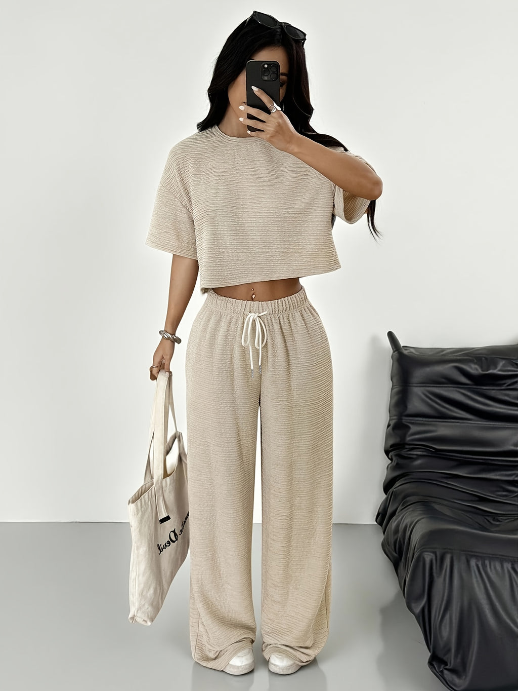 Women'S Spring/Summer Fashion T-Shirt And Pants 2pcs Set - Khaki