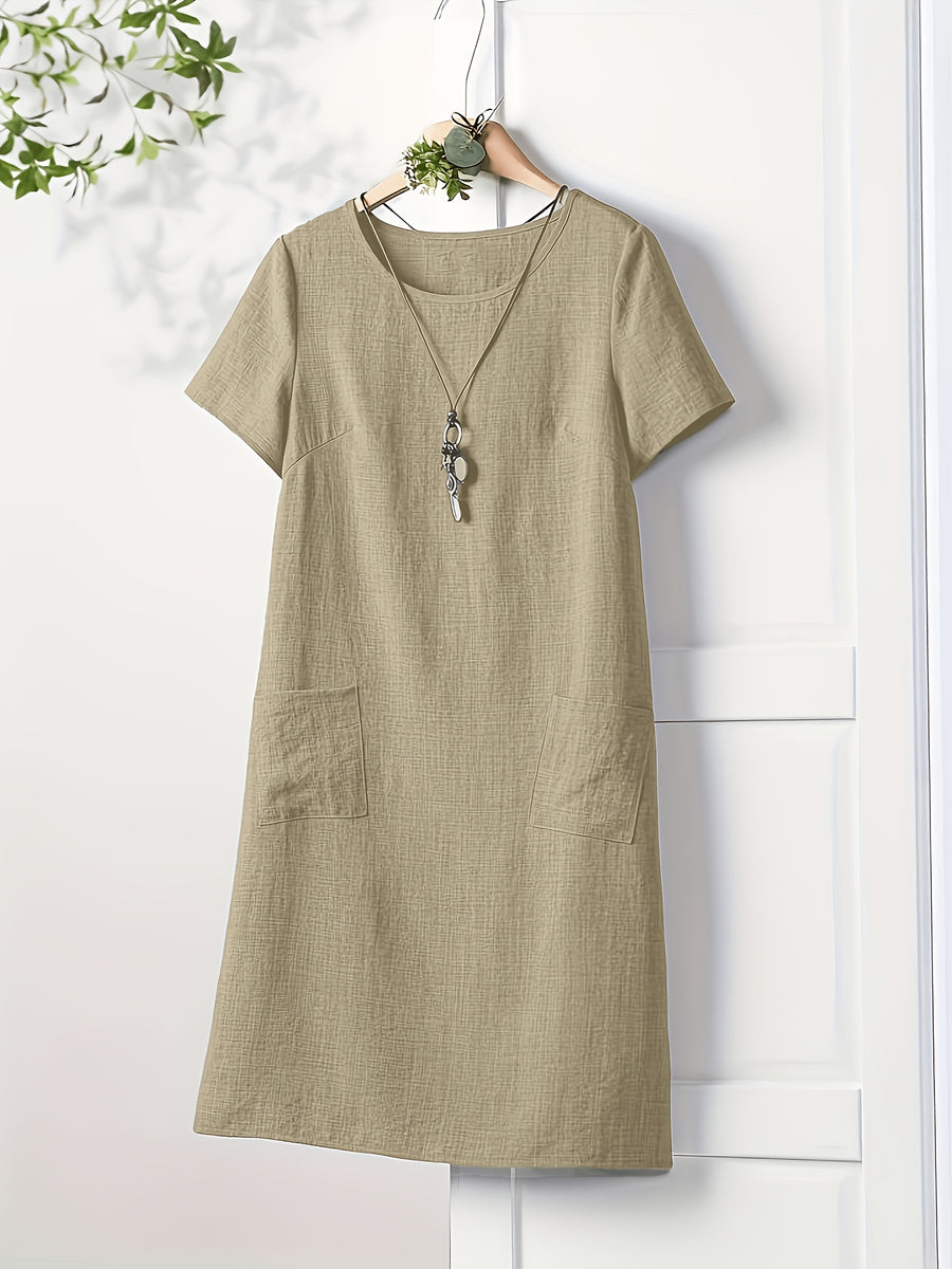 Women's Short-Sleeve Dress with Functional Pockets - Straight-Cut -Line Mid-Length Dress, Loose Fit Round Neck Short Sleeve Dress Suitable for Spring Summer Fall, Casual to Semi-Formal Wear, Machine Washable Solid Color Dress - Khaki