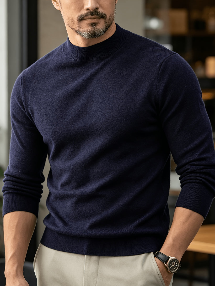 Autumn And Winter New High-End Slim Fit Half-High Collar Knit Long-Sleeve Top Suitable for Mature Men for Commuting, Business / Weekend Casual / Light Business Gatherings, Long-Sleeve Sweater, Mid-Aged Men'S Versatile Long-Sleeve Knit Sweater - Navy Color