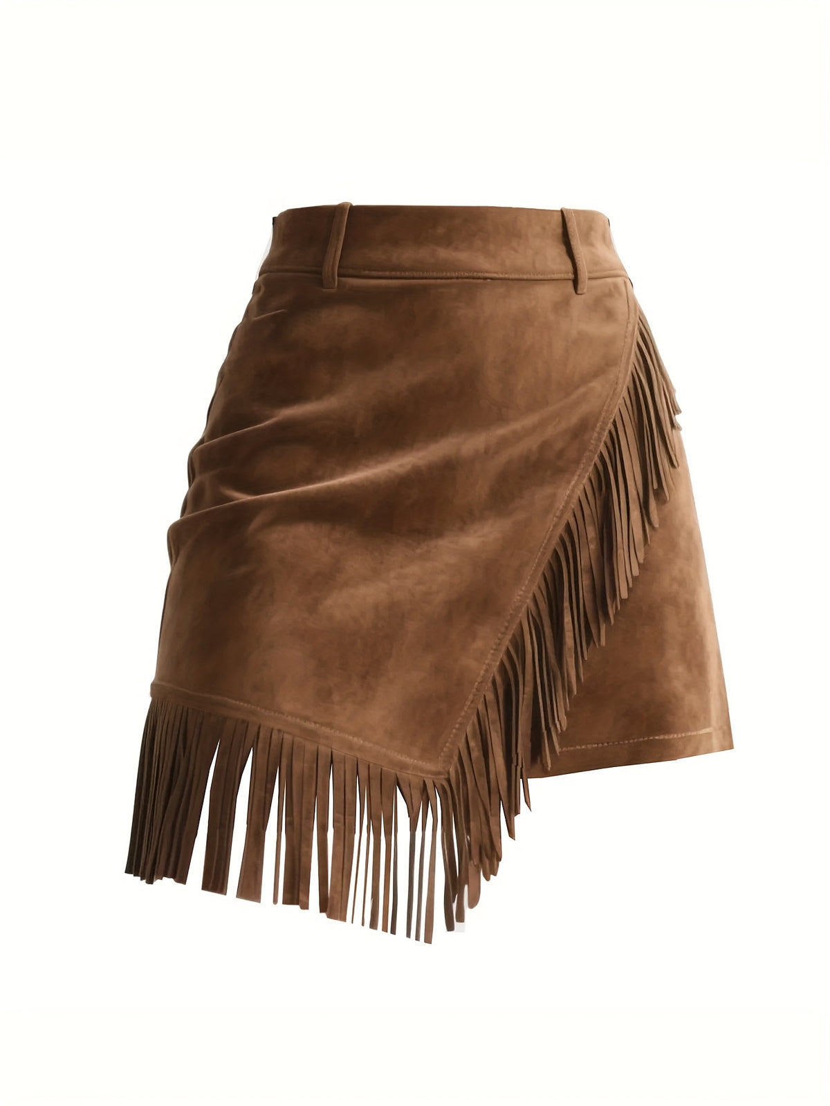 Elegant Women'S Faux Suede Fringe Mini Skirt - Light Brown-1