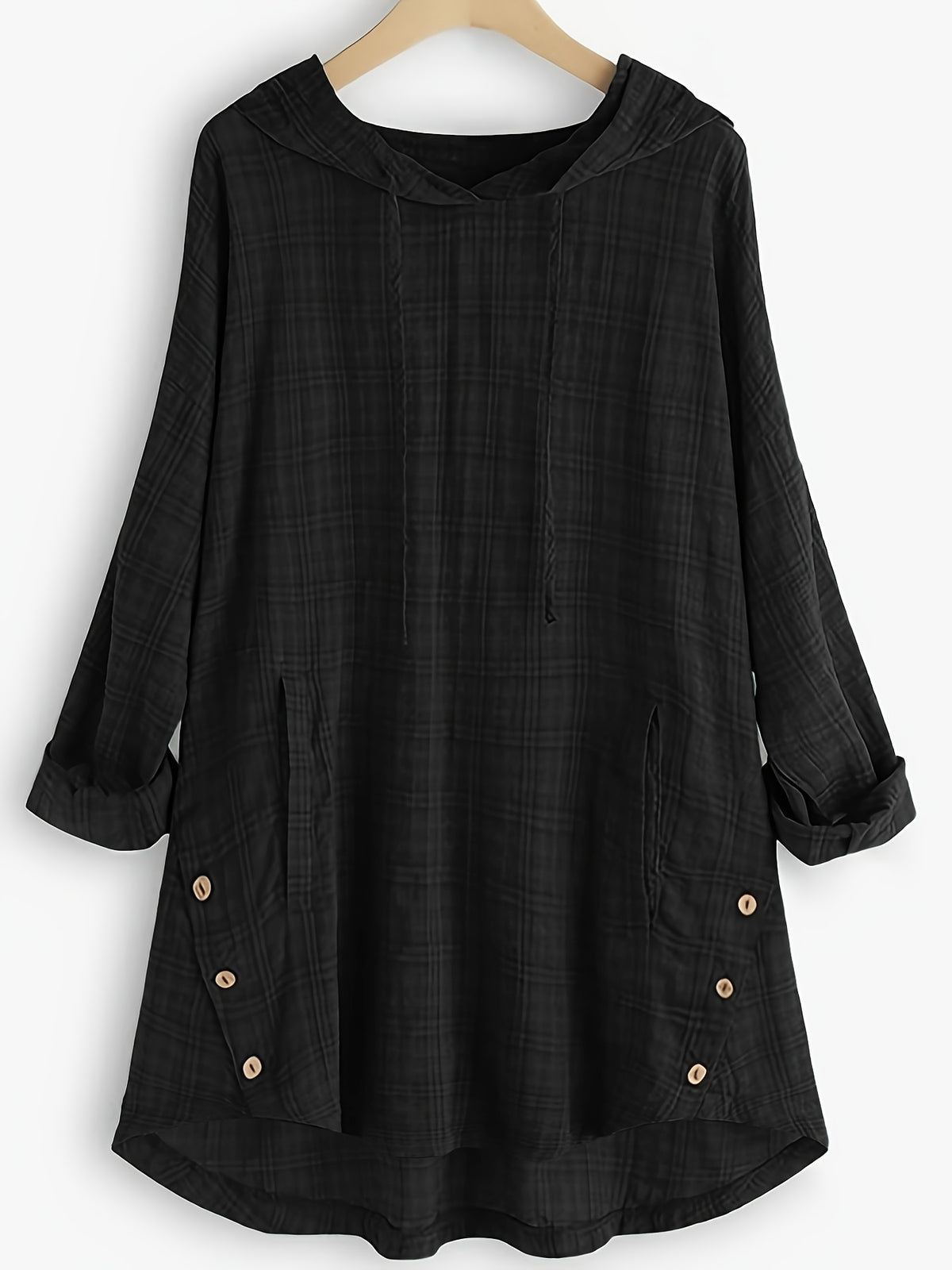 Casual Long-Sleeve Hooded Shirt, Asymmetrical Top, Stylish Plaid Blouse, Autumn Waist-Tied Outerwear for Women, Elegant Long-Sleeve Drawstring Shirt - Black