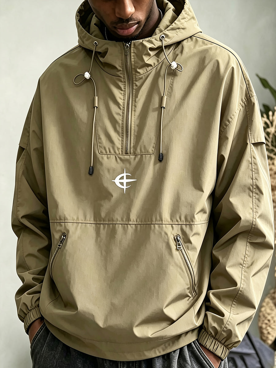 Men's Autumn/Winter Outdoor Fashion Jacket, Solid Color Half-Zip Hooded Softshell Windbreaker, Tear-Resistant Fabric, Suitable for Camping, Hunting, Cycling, Mountaineering, and Workwear, Also for Office Daily Commuting - Khaki