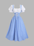 Vintage Plaid Patchwork Women's Dress, Summer Dress, Vacation Outfit, Summer Women's Wear, Suit Style Women's Dress, Country Style, Beach Vacation Outfit, Bohemian Style Women's Dress, Easter Dress, Old Money Style, Fashionable Elegant Beautiful - Blue And White