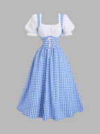 Vintage Plaid Patchwork Women's Dress, Summer Dress, Vacation Outfit, Summer Women's Wear, Suit Style Women's Dress, Country Style, Beach Vacation Outfit, Bohemian Style Women's Dress, Easter Dress, Old Money Style, Fashionable Elegant Beautiful - Blue And White