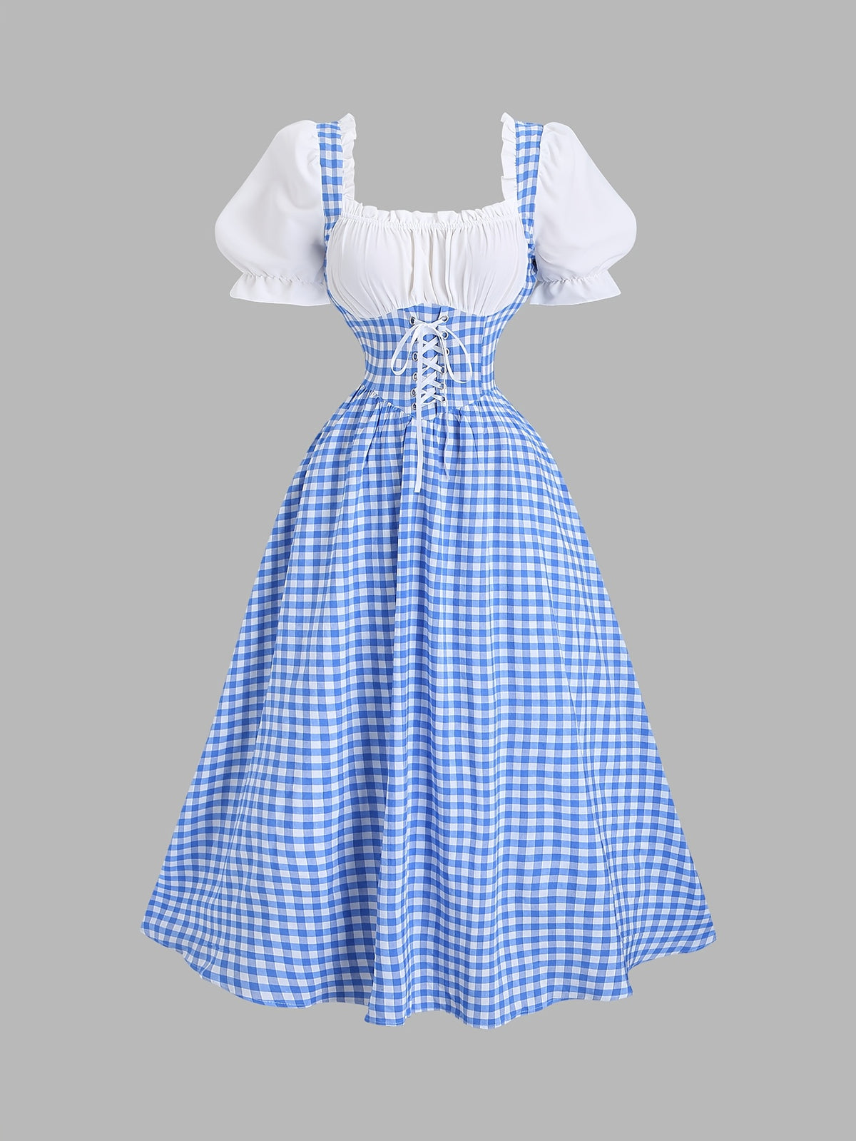 Vintage Plaid Patchwork Women's Dress, Summer Dress, Vacation Outfit, Summer Women's Wear, Suit Style Women's Dress, Country Style, Beach Vacation Outfit, Bohemian Style Women's Dress, Easter Dress, Old Money Style, Fashionable Elegant Beautiful - Blue And White