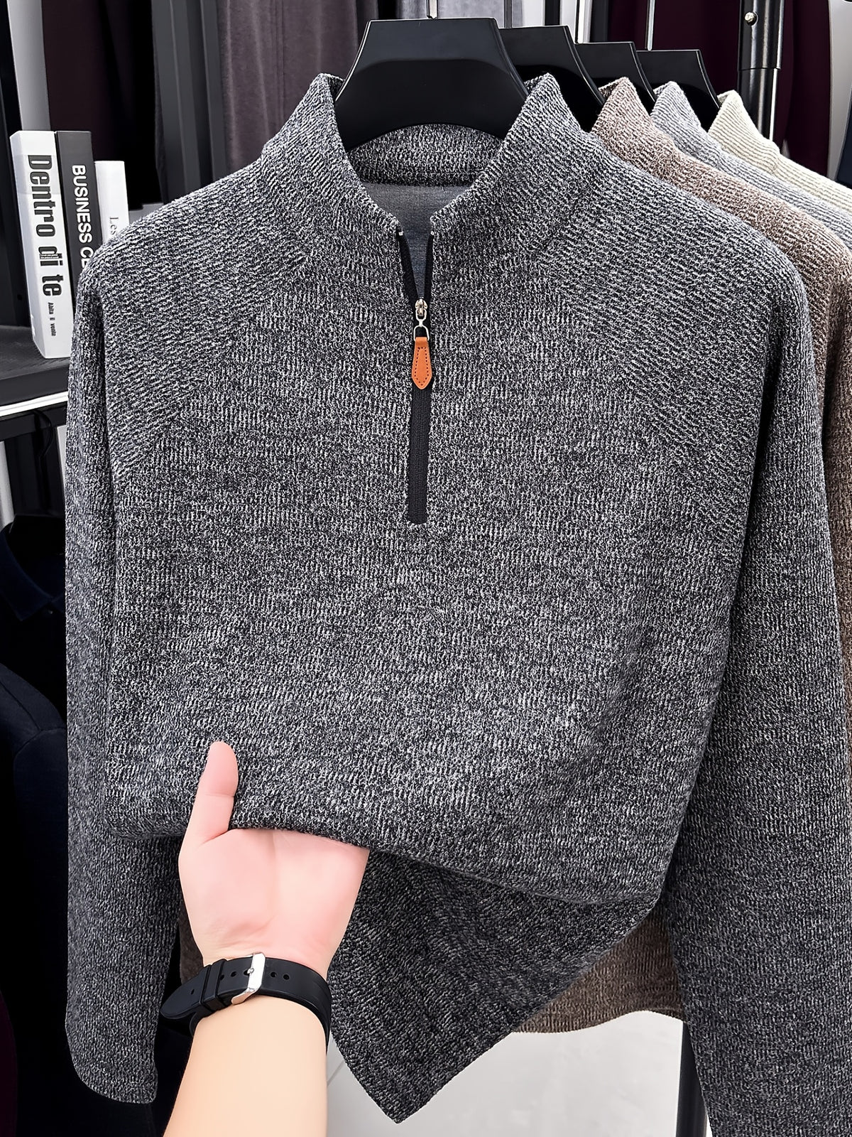 1pc Du Jing Lan OBM Men's Half-Zip Sweater - Solid Color Ribbed Knit Pullover with Stand Collar, Half-Zip Front Suitable for Layering, Business Casual & Outdoor Wear, Long Sleeve for Golf, Basketball, Daily Layering ( Autumn/Winter New Arrival) - Dark Gray
