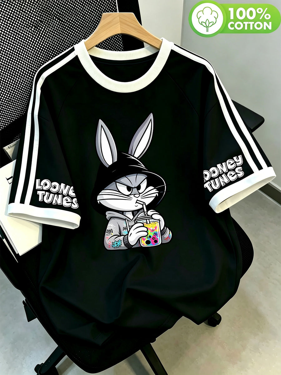 WB Warner Bros. Official Licensed New Men's Double Stripe Raglan 100% Pure Cotton T-Shirt, Trendy Cool Gray and Black Spliced Hoodie with Arm Graffiti Street Print Design, Men's Casual Versatile Cotton T-Shirt, Suitable for Daily Wear and Outdoor - Black