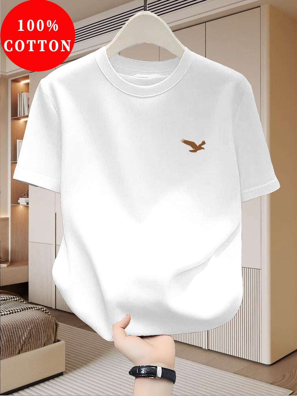 100%  Men's T-Shirt, Summer Lightweight Breathable Sweat Absorbent for Outdoor and Home Wear - White
