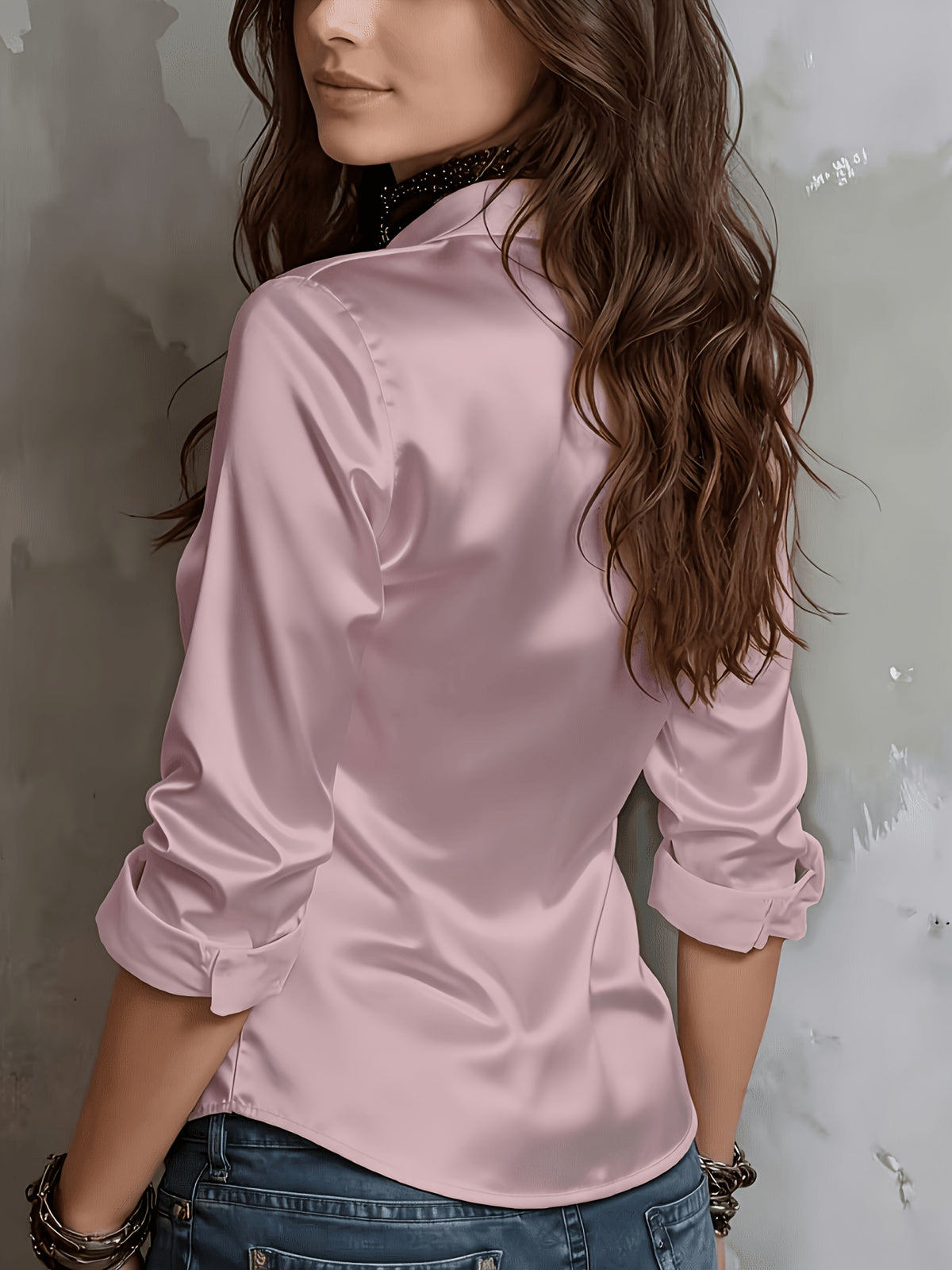 Women'S All-Season Temperament Commuter Satin Shirt - Pale Pinkish Gray