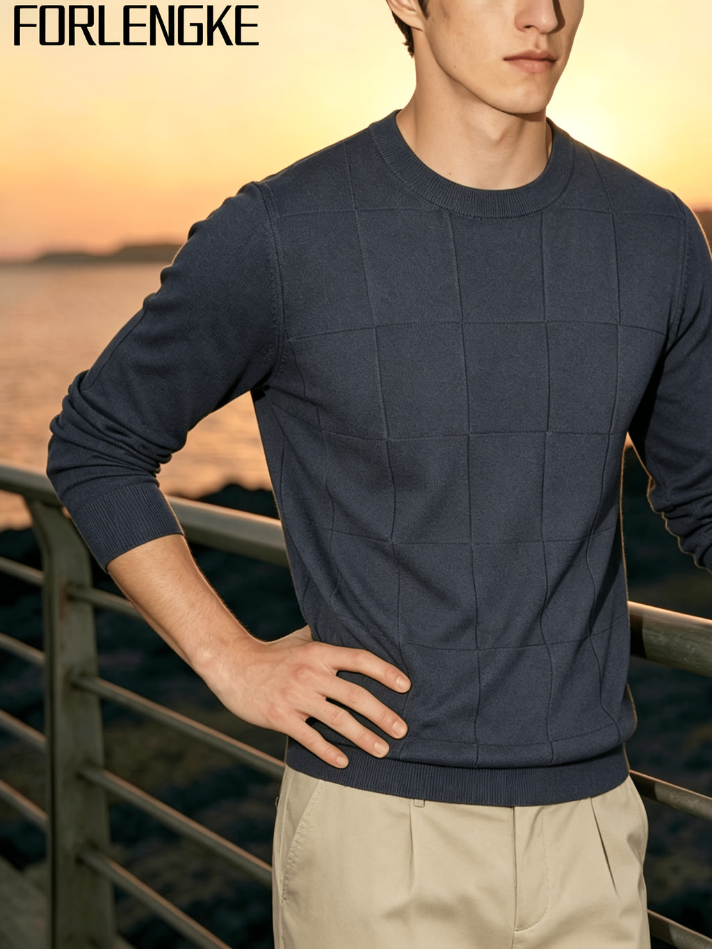 FORLENGKE Stylish Elegant Men'S Business Casual Grid Textured Crew Neck Knit Sweater, Soft Warm Long Sleeve Pullover for Fall Winter Office Daily Wear - Grey