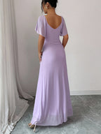 Women'S Solid Color V-Neck Ruffled Mesh Panel Waist Slit Dress, Elegant Bridesmaid Gown, Party Dress, Spring/Summer Style - Purple