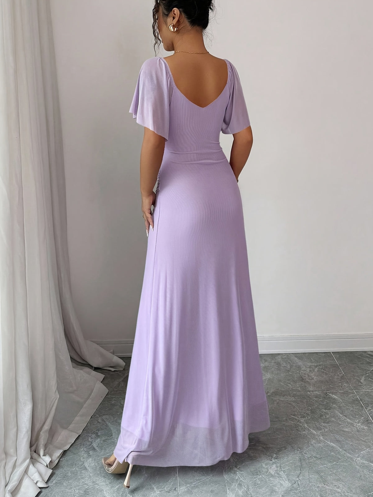 Women'S Solid Color V-Neck Ruffled Mesh Panel Waist Slit Dress, Elegant Bridesmaid Gown, Party Dress, Spring/Summer Style - Purple