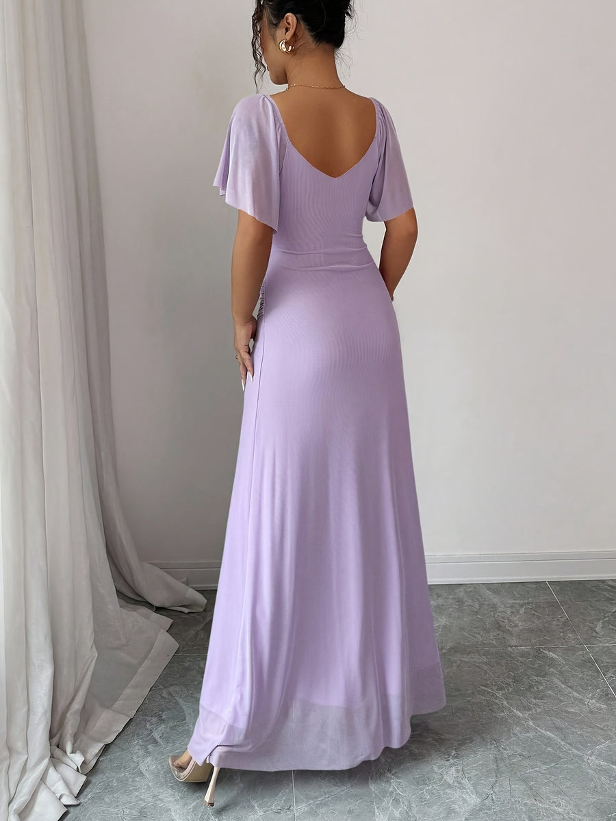 Women'S Solid Color V-Neck Ruffled Mesh Panel Waist Slit Dress, Elegant Bridesmaid Gown, Party Dress, Spring/Summer Style - Purple