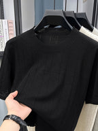 Men's Breathable Hollow-Out Short Sleeve T-Shirt/Polo Shirt - Lightweight Round Neck Loose-Fit Top with Hollow-Out Texture, Solid Color Base Layer -Compatible for Casual & -Casual Wear, Machine Washable Suitable for - Black
