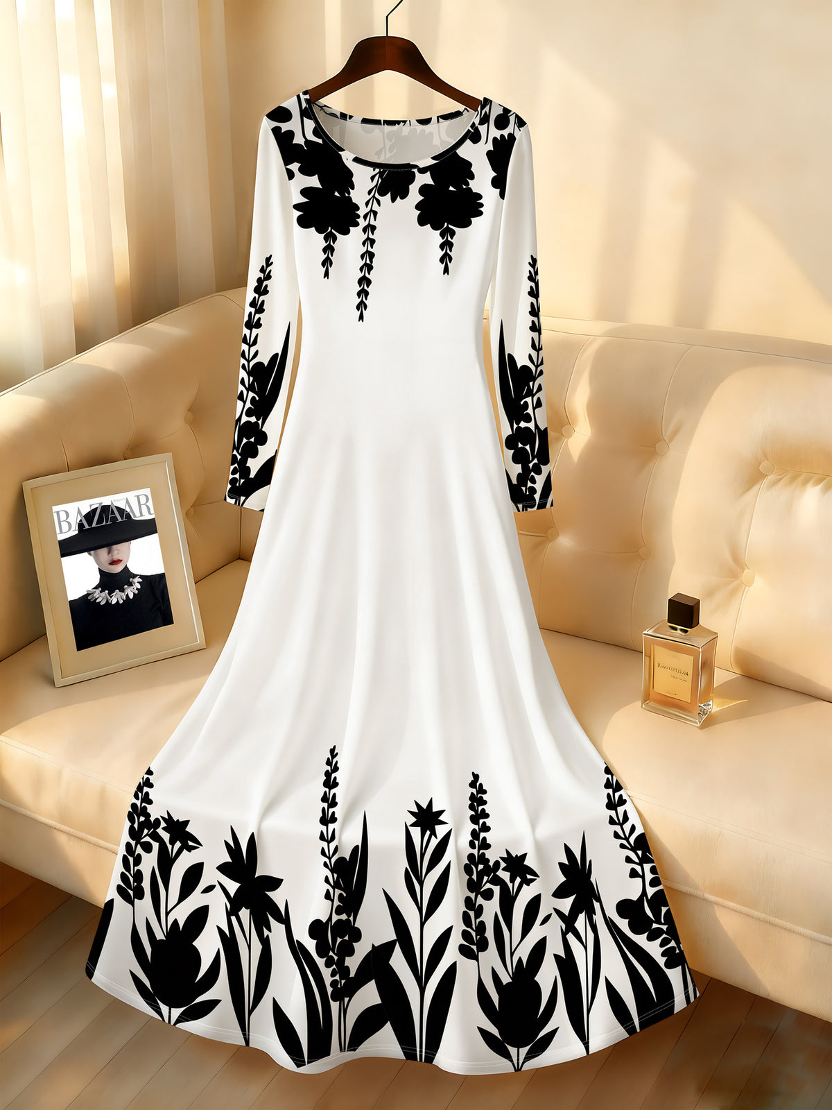 Casual Style Black Floral Pattern Printed Design Women'S Dress - White