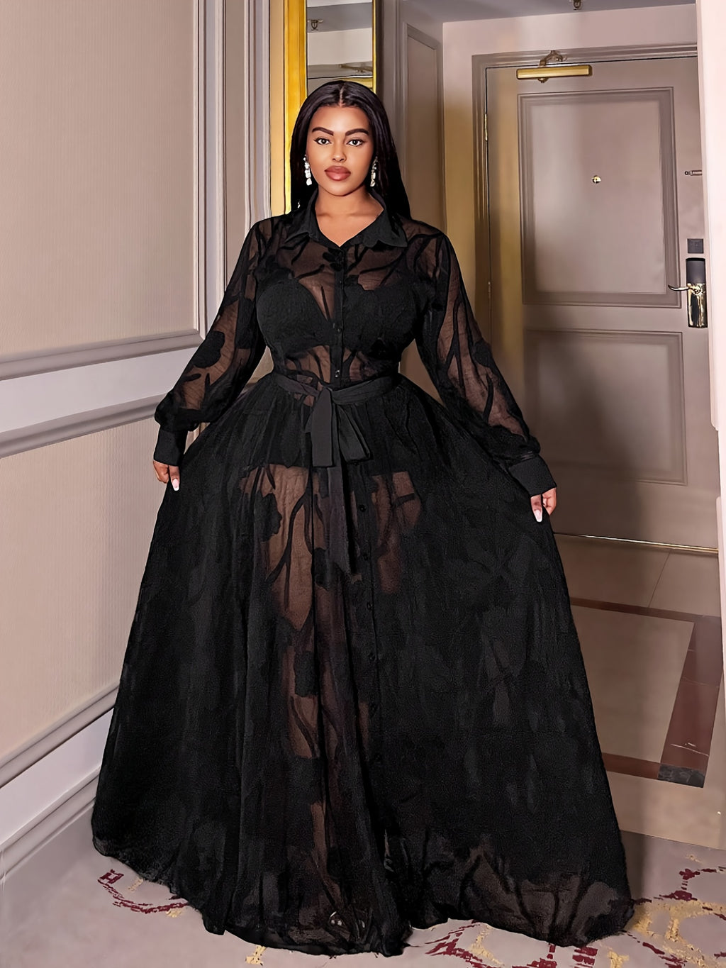 Plus Size Women'S Elegant Sexy Jacquard Lace Dress - Black