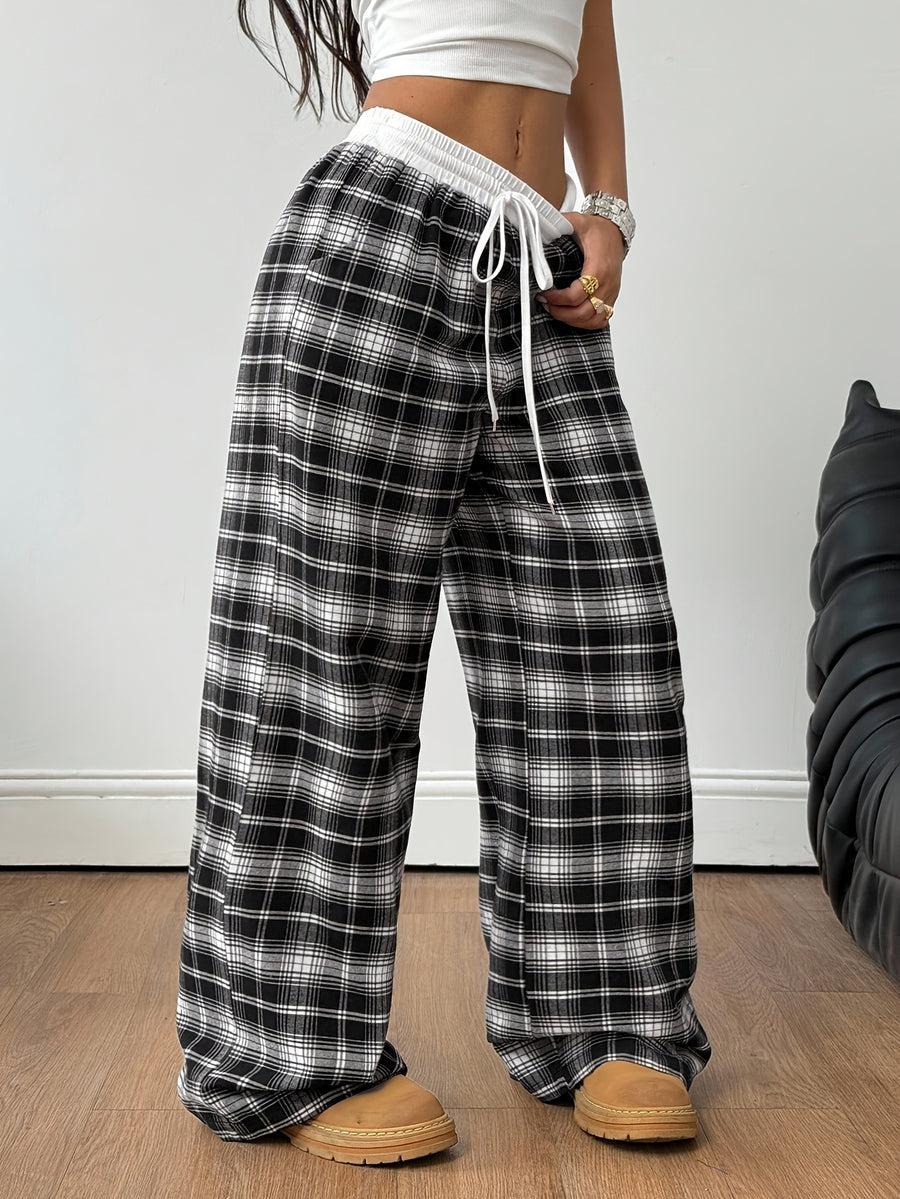 Women'S All-Season Basic Casual Street Style Plaid Contrast Low-Waist Loose Wide-Leg Trousers, Spring/Autumn Women'S Clothing - Black
