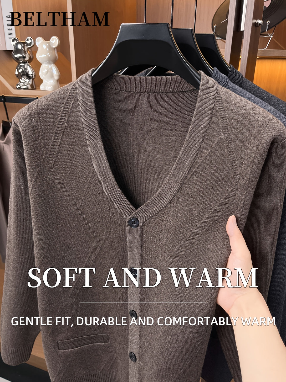 Autumn Winter Men Thick Knit Cardigan, Ideal Gift for Dad and Father, Button Design with Pockets, Warm Cold Resistant Soft Comfortable Sweater, Elegant Versatile Top Cardigan Coat for Daily Casual Business Sports Fishing Camping Wear - Deep Camel