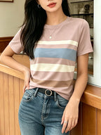 [Printed Design Texture] Women'S Korean-Style Blogger'S Colorful Striped T-Shirt, a Versatile Basic Short-Sleeve Top That Flatters The Figure And Is Suitable for All Body Types, a New Summer 2026 Model for Commuting And Casual Wear - Multicolor 7
