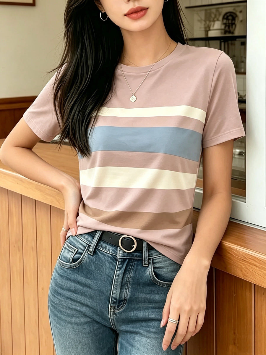 [Printed Design Texture] Women'S Korean-Style Blogger'S Colorful Striped T-Shirt, a Versatile Basic Short-Sleeve Top That Flatters The Figure And Is Suitable for All Body Types, a New Summer 2026 Model for Commuting And Casual Wear - Multicolor 7