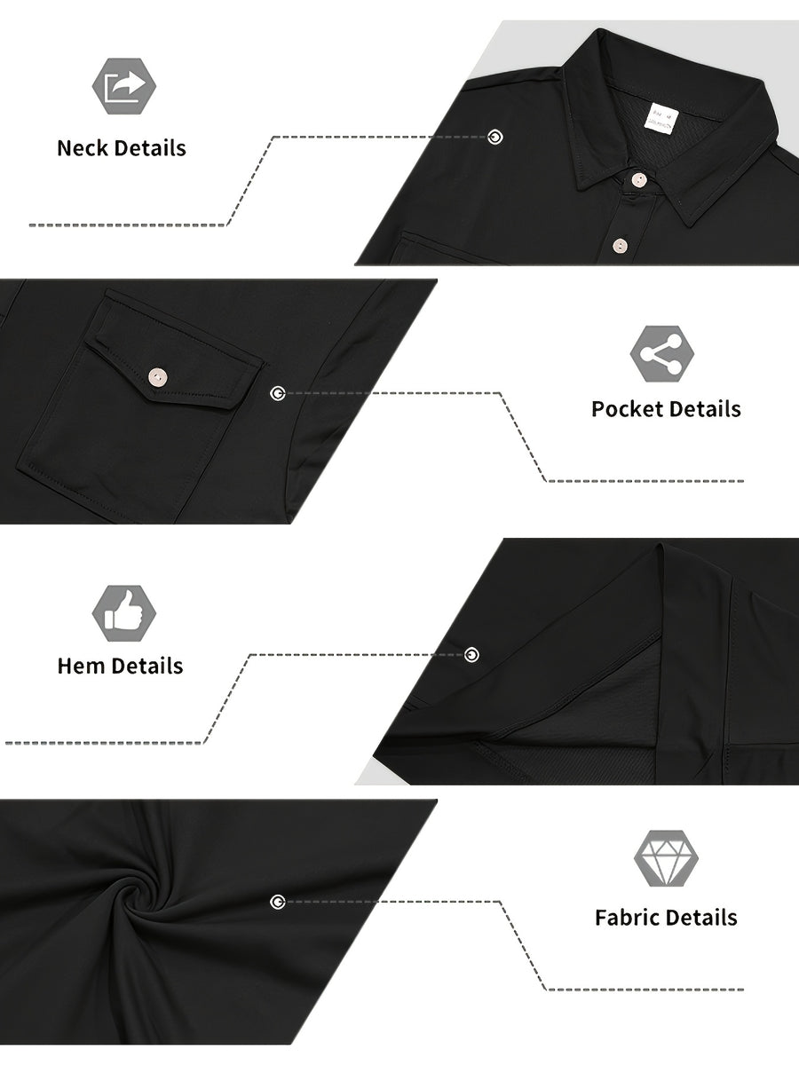 Autumn New Arrival 3pcs Set: Polo Collar Double Pocket Cargo Sweatshirt. Made of Thick Knitted Sweatshirt Fabric, Featuring a Half-zip Placket with Three Brown Vintage Buttons. Symmetrical Chest Cargo Pockets, Vintage Workwear Casual Style - Black Tibetan Deep
