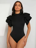Elegant Exquisite Fashionable Women'S Slim Fit Bodysuit, Semi-High Neck Stand Collar Design, Double-Layer Large Ruffle Cap Sleeve Decoration on Shoulders, Hip-Hugging Triangle Bodysuit Version, Shaping Sexy Hot Style - Black