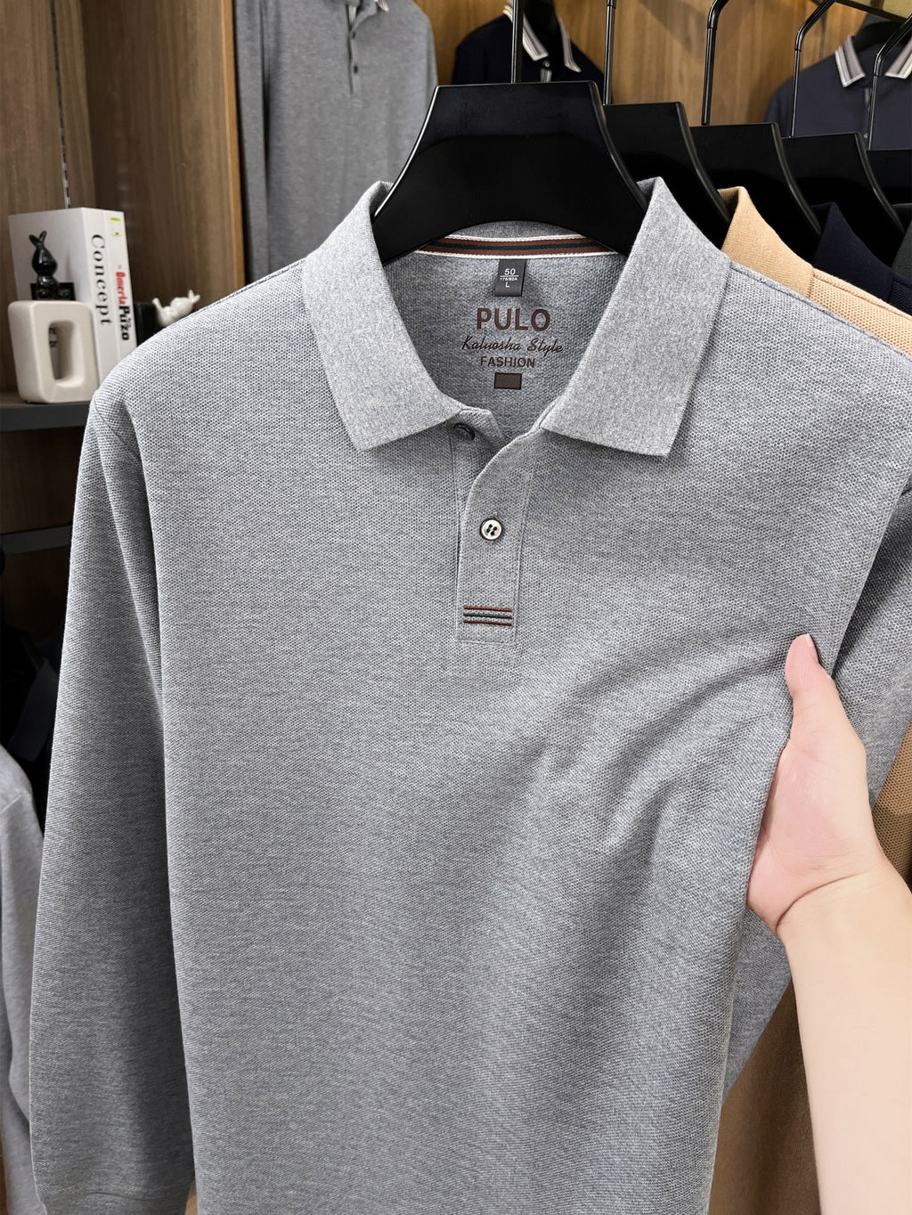 Men's Golf, Casual, Fishing, Tennis, Sports Solid Color Top, Spring/Autumn Apparel for Middle-aged and Young Men, Soft and Skin-friendly Piqué Pure Fabric, Long-Sleeve Polo Shirt, Men's Long-Sleeve T-Shirt, New Spring/Autumn Casual Turn- Collar Solid - Light Grey