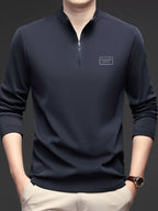 Men'S 1/4 Zip Long Sleeve Sweatshirt, Spring/Autumn Business Casual Golf Top, Half-Zip Collar High Neck Long Sleeve T-Shirt, Soft Comfortable Casual Sportswear, Outdoor Spring/Autumn Warm Clothing, Logo on Chest, Mature Men'S Apparel - Navy Color