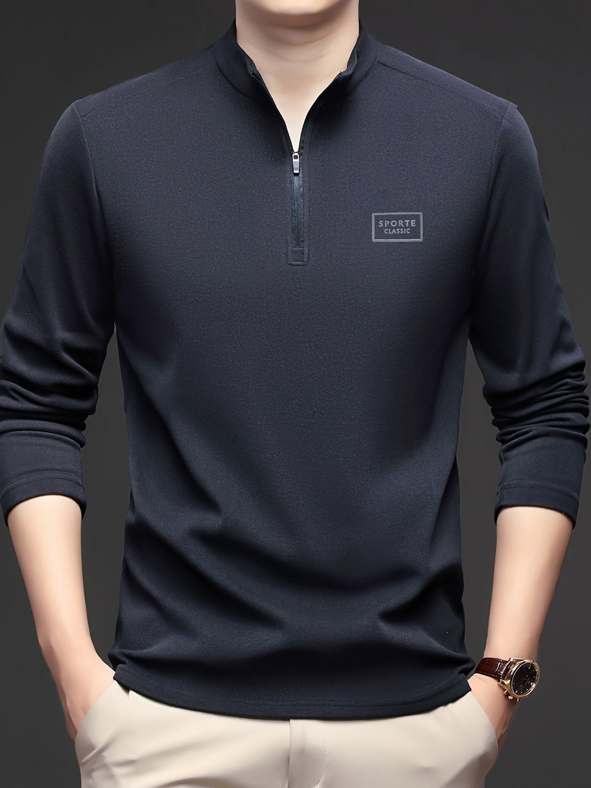 Men'S 1/4 Zip Long Sleeve Sweatshirt, Spring/Autumn Business Casual Golf Top, Half-Zip Collar High Neck Long Sleeve T-Shirt, Soft Comfortable Casual Sportswear, Outdoor Spring/Autumn Warm Clothing, Logo on Chest, Mature Men'S Apparel - Navy Color