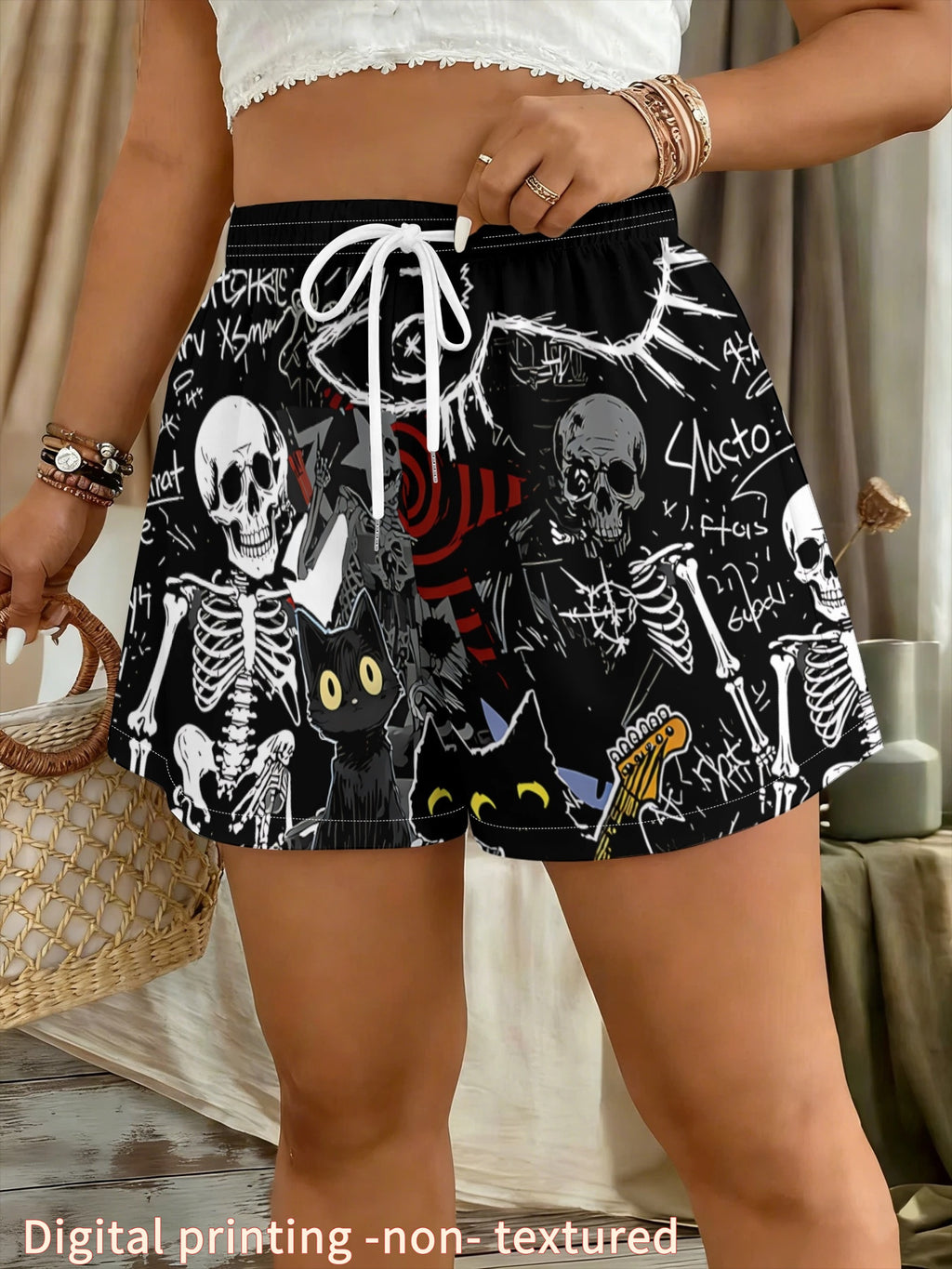 Women's Standard Size Digital Print Shorts, Black with Graffiti Skull and Black Cat Print, Elastic Waistband. Street-style High-waisted Shorts with Graffiti Skull and Black Cat Print., Figure-flattering Vacation Beach Shorts. Loose-fitting Wide-leg - Mixed colors