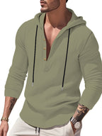 Spring Summer Men'S Linen Color-Block Drawstring Hooded Half-Button Retro Button Long Sleeve Henley Shirt Cuffs Can Be Rolled Loose Thin Breathable Pullover Top Beach Vacation All-Match Men'S Casual Vacation Long Sleeve Top - Green