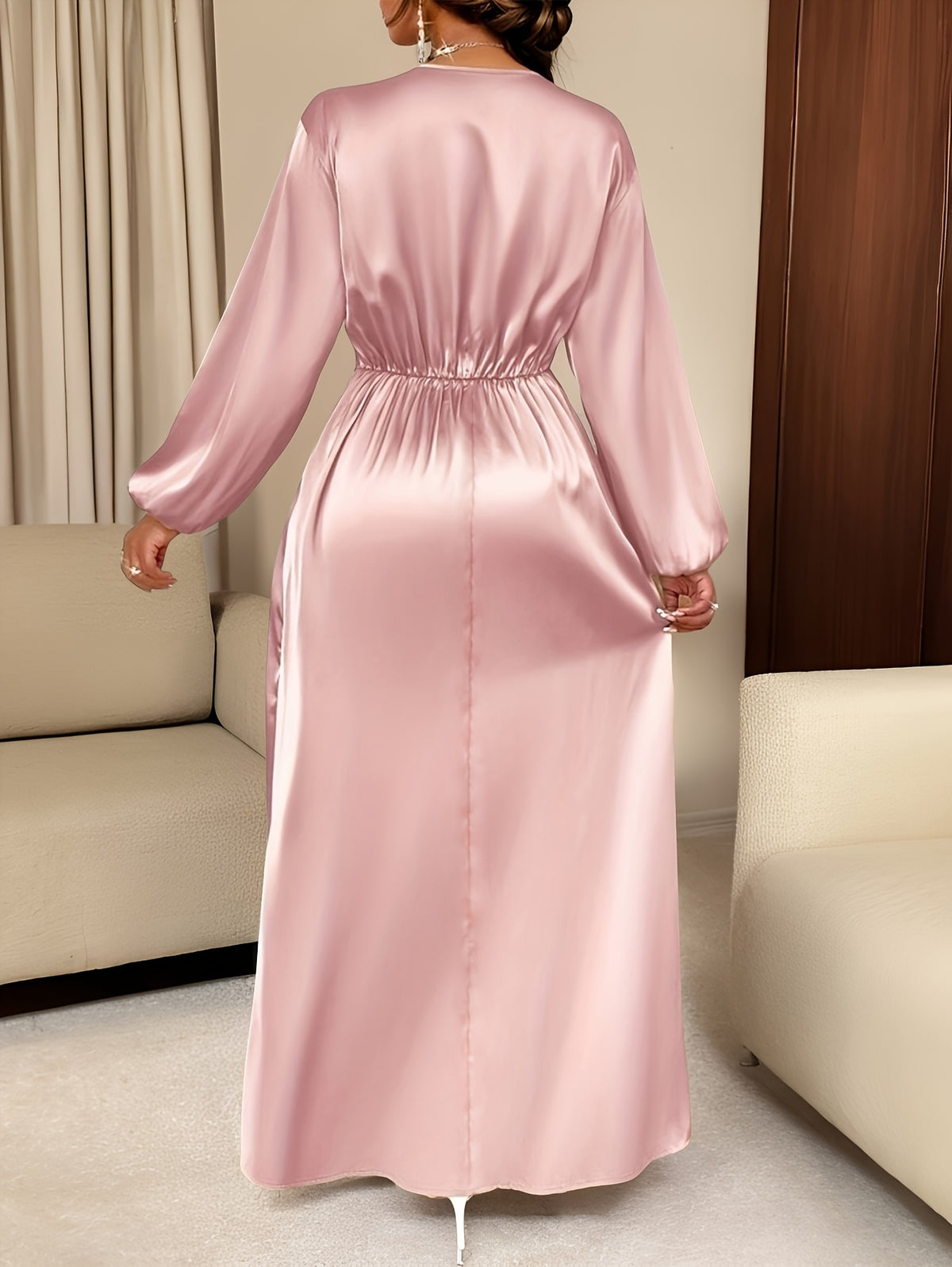 Women's Solid-color Simple Daily and Party Banquet Satin Bridesmaid Dress with Pleated Design - Pink