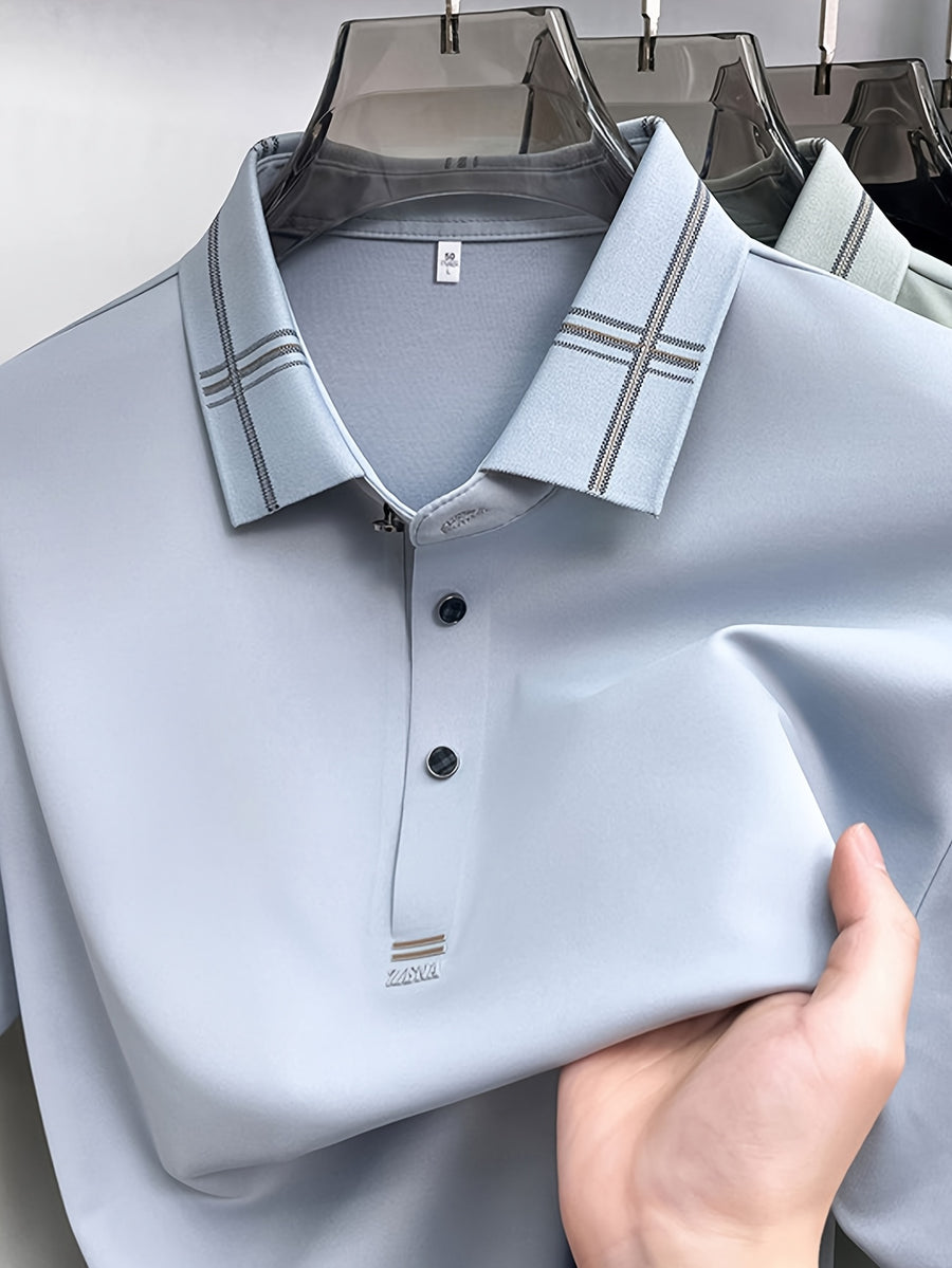 Men's Summer Polo Shirt with Plaid Contrast Collar, Seamless Construction for a Restrictive-Free Feel, a Comfortable Choice for Summer Commuting, Outdoor Activities, and Business Meetings - SINBOS - Light Blue