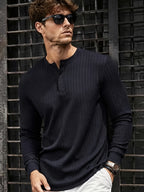 Men'S New Knit Retro Stretch Top, Textured Casual Loose Commuter All-Match Long Sleeve Henley Shirt - Navy Color