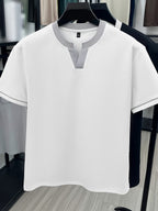Middle-Aged Men'S Classic Henley Shirt with Contrast Cuffs, Summer Breathable Casual Top, Wrinkle-Resistant And Easy Care, Father'S Day Birthday Gift for Elders, All-Weather Wear for Walking, Grocery Shopping, And Family Gatherings - White
