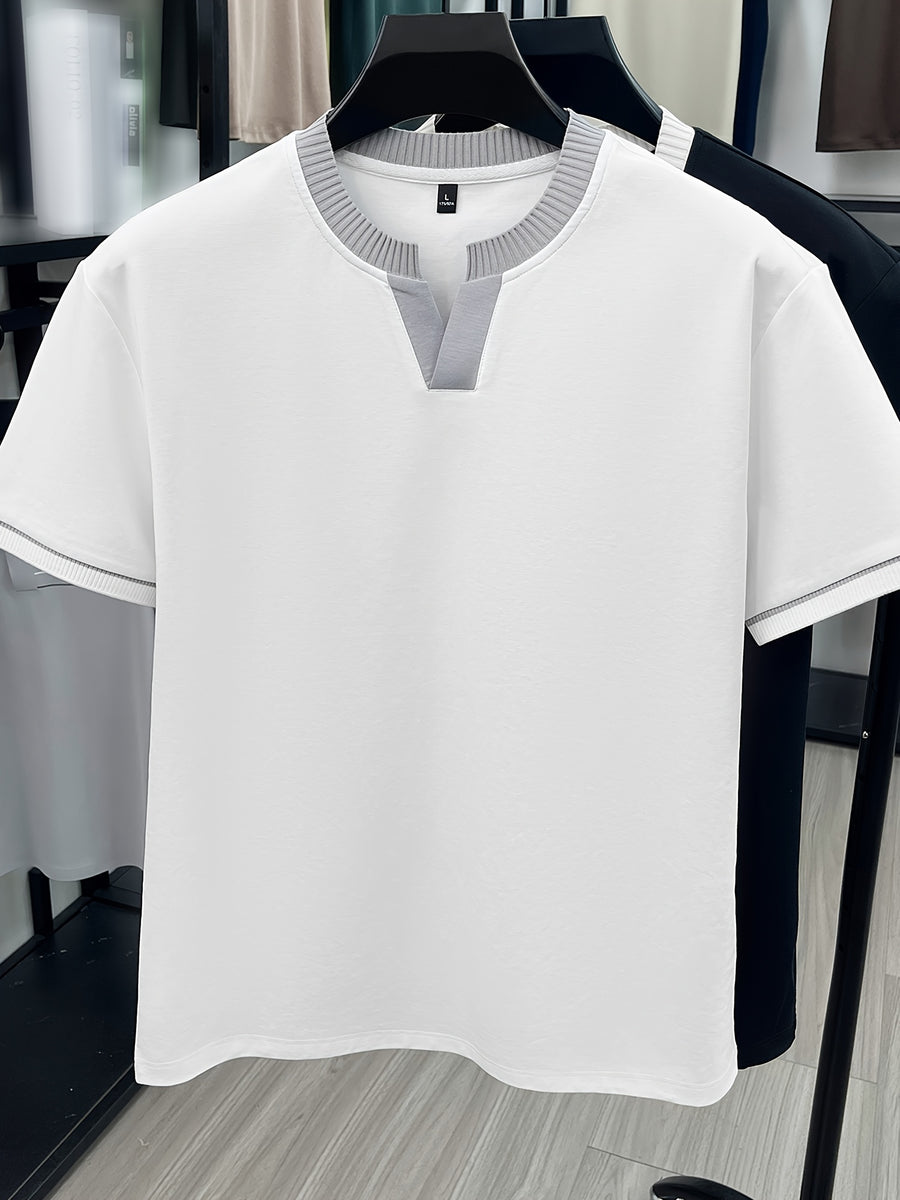 Middle-Aged Men'S Classic Henley Shirt with Contrast Cuffs, Summer Breathable Casual Top, Wrinkle-Resistant And Easy Care, Father'S Day Birthday Gift for Elders, All-Weather Wear for Walking, Grocery Shopping, And Family Gatherings - White