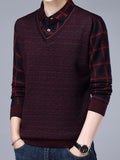 Spring/Autumn New Men's V-Neck Polo Shirt, Plaid Patchwork Long Sleeve, Business Casual 2-in-1 Look Pullover Base Layer Men's Apparel - Burgundy