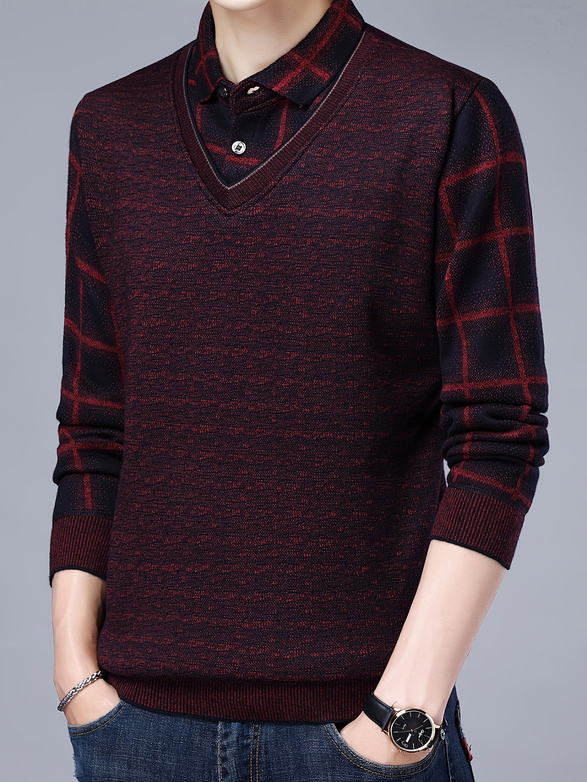 Spring/Autumn New Men's V-Neck Polo Shirt, Plaid Patchwork Long Sleeve, Business Casual 2-in-1 Look Pullover Base Layer Men's Apparel - Burgundy