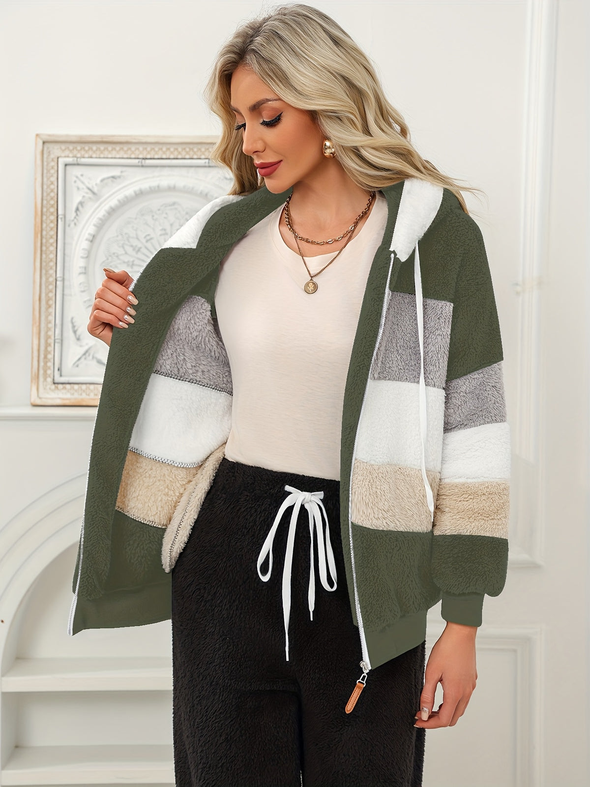 Women's Fuzzy Hooded Jacket Color Block Zip-Up Coat Warm Outerwear with Pockets for Autumn Winter Casual Outdoor Wear - fern green