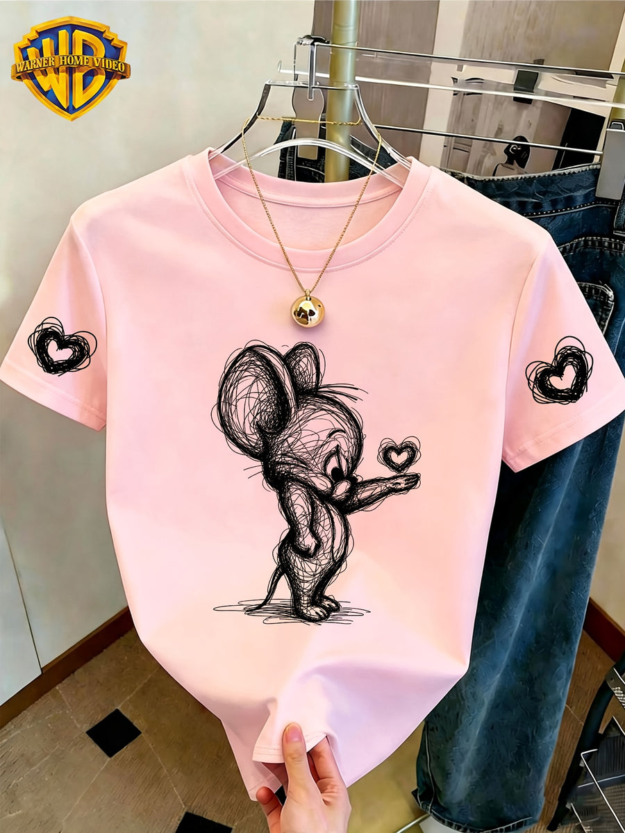 WB Women's Officially Licensed. Mouse & Hearts T-Shirt - Cute Mouse Sketch Short Sleeve Crew Neck Top with Double Heart Cuff Decorations, Casual Summer Suitable for Daily Commute, Home Wear, & Office Outfits - Pink