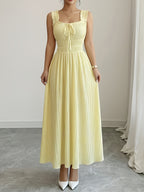 Women'S Spring Summer New Temperament Elegant Solid Texture Fabric Square Neck Tie-Belt A-Line Dress - Yellow